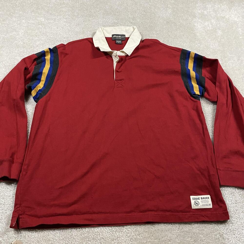 Eddie Bauer Polo Shirt Mens XL Red Rugby Stripe Long Sleeve Cotton Preppy